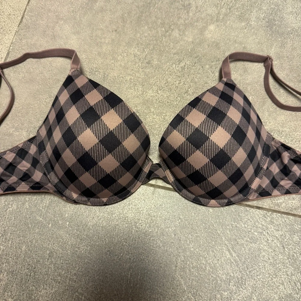 PINK Victoria’s Secret Wear Everywhere Push Up Bra Mocha Brown Black Plaid 32C - Picture 8 of 8